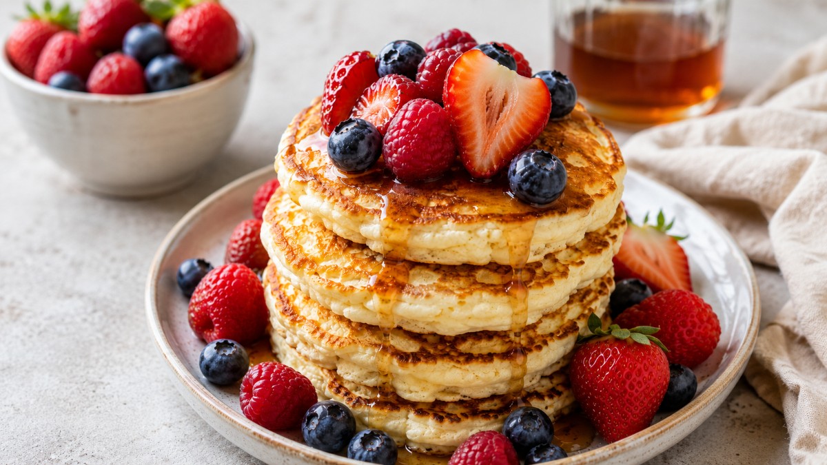 Fluffy Cottage Cheese Pancakes with Fresh Berries