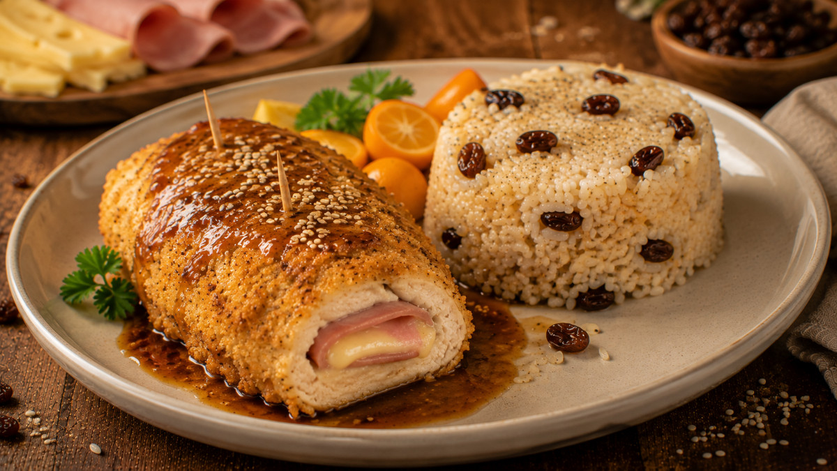 Sesame Chicken with Raisin-Rice Molds
